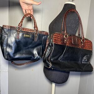 Two Brahmin Purses Black Leather Brown Crocodile Embossed Trim Handbags